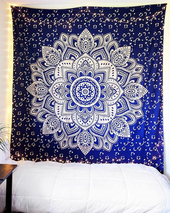 Rajsee Blue Gold Mandala Tapestry - Bedroom Aesthetic - Indie Boho Trippy Large Wall Hanging - 82x92 Inches