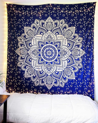 Rajsee Blue Gold Mandala Tapestry - Bedroom Aesthetic - Indie Boho Trippy Large Wall Hanging - 82x92 Inches