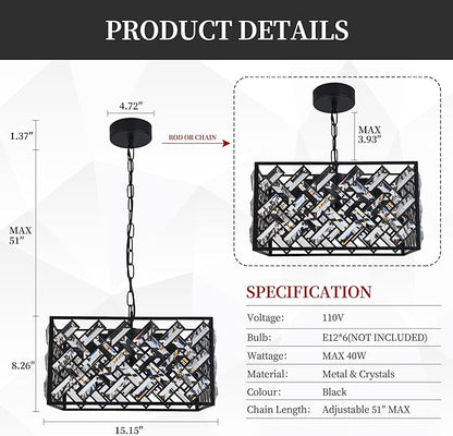 Modern Crystal Chandelier, 6-Light Black Chandeliers for Dining Room with Adjustable Chain, 51 Inch Ceiling Light Fixture for Bedroom, Foyer (Bulbs Not Included)