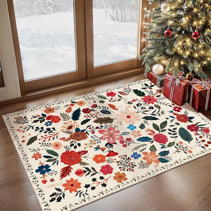 Tangsoo 2x3 Small Area Rug for Entryway, Non Slip Machine Washable Boho Floral Entry Rug, Soft Low Pile Throw Rugs Door Mat Indoor Entrance Floor Carpet for Bedroom Kitchen Bathroom, Kids Room(Beige)