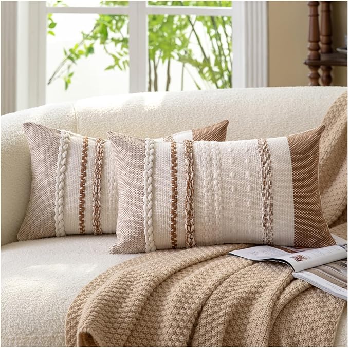 Boho Throw Pillow Covers 12x20 Inch Set of 2, Brown Textured Decorative Couch Pillow Cases for Farmhouse Home Decor, Accent Cushion Cover for Sofa, Bed, Living Room, Bedroom