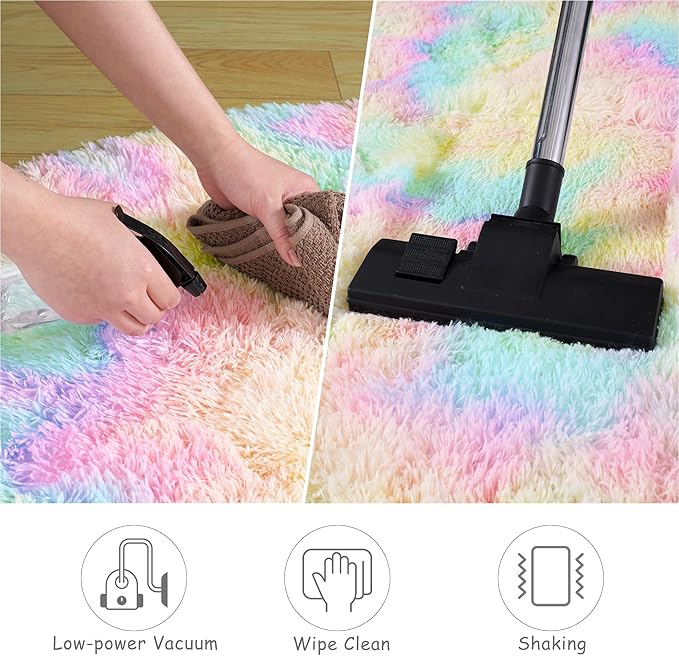 Round Fluffy Rugs 4Ft for Girls Bedroom, Rainbow Shag Circle Kids Rug Non-Slip for Bedside Dorm Nursery Playroom, Soft Cute Area Rugs for Living Room Decor