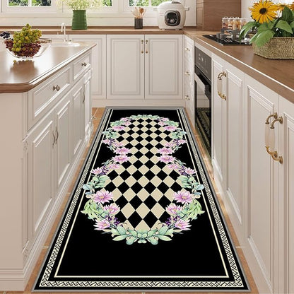 Vintage Farmhouse Checkered Hallway Carpet, 3.3x7ft, Elegant Floral Flower Checkerboard Indoor Throw Rugs, Absorbent Washable Foldable No Crease High Traffic Mat for Laundryroom Floor