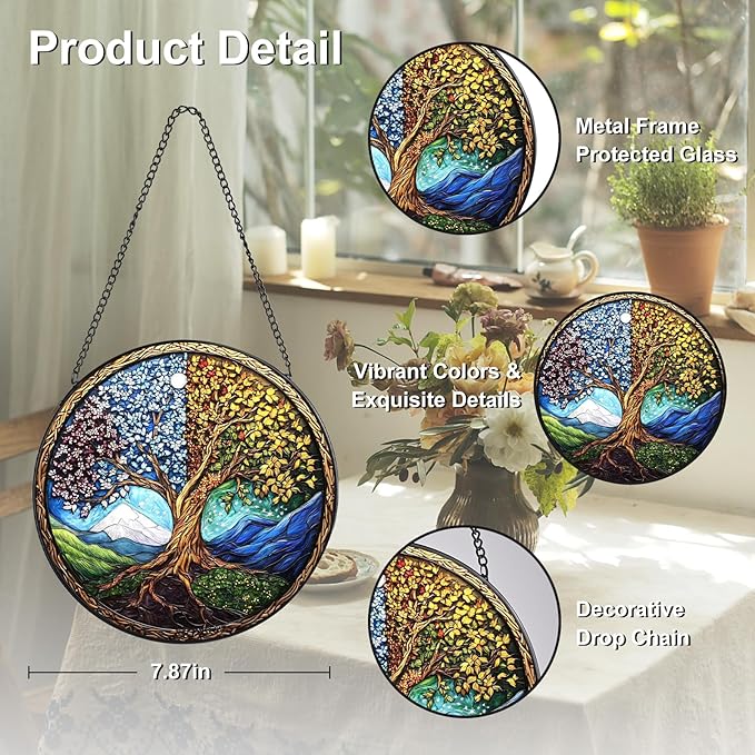 Tree of Life Stained Glass Window Hanging, 7.8" Round Sun Catcher Hand Painted Wall Art Decor with Chain, Unique Housewarming Gifts for Couples, Home