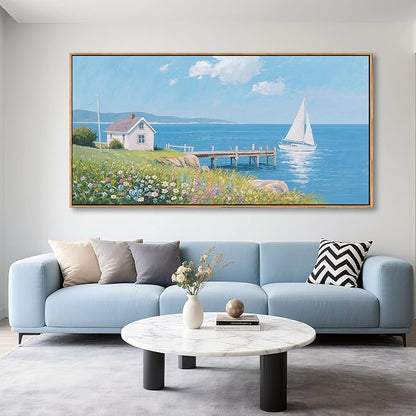 Coastal Pictures for Living Room, Beach Wall Art, Floral Wall Art Featuring Sailboat and Ocean Wall Decor, Nautical Framed Art for Bedroom or Above Bed Decor Large Artwork for Walls 20×40IN