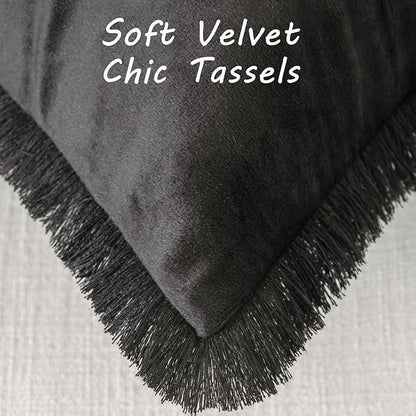 FUTEI Black Velvet Decorative Throw Pillow Covers 22x22 Set of 2,Soft Cozy Edge with Tassels Cushion Case,Boho Modern Home Decor for Couch Bed Living Room