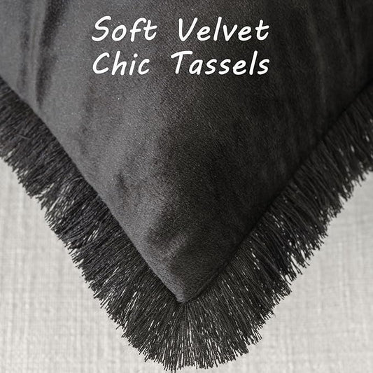 FUTEI Black Velvet Decorative Throw Pillow Covers 26x26 Set of 2,Soft Cozy Edge with Tassels Euro Pillow Shams,Boho Modern Home Decor for Couch Bed Living Room
