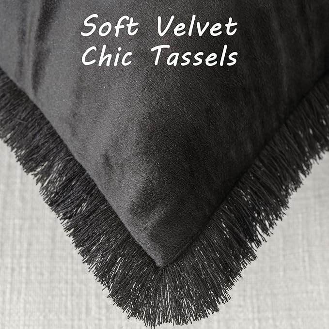 FUTEI Black Velvet Decorative Throw Pillow Covers 20x20 Set of 2,Soft Cozy Edge with Tassels Cushion Case,Boho Modern Home Decor for Couch Bed Living Room