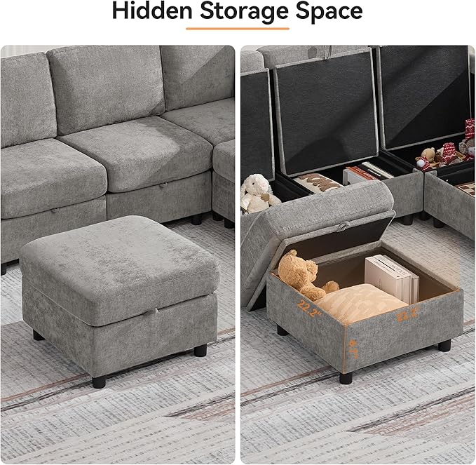 104'' V Shaped Modular Sofa, Sectional Couch with Storage for Living Room, Modern 7 Seater Cloud Sectional Couch with Movable Ottoman, Chenille Grey