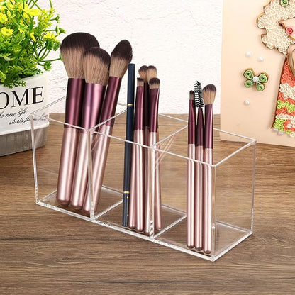 PATIKIL 3 Compartments Clear Acrylic Pen Holder, Pencil Holder Pen Organizer Pencil Cup Makeup Brush Holder Square for Countertop Desk, Transparent