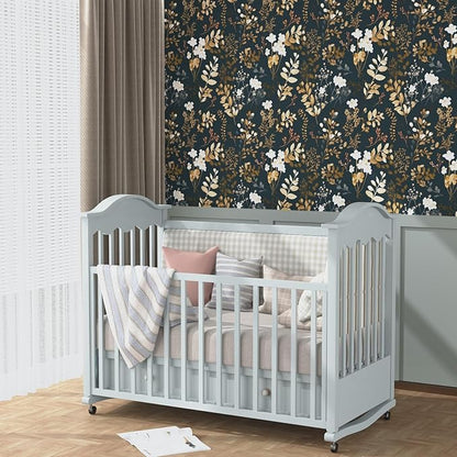 Navy Floral Wallpaper Peel and Stick Boho Wallpaper Vintage Blue/Gold Leaf Contact Paper Waterproof Self Adhesive Modern Wall Paper for Cabinet Walls Kitchen 17.5in x393in