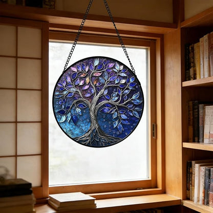 DASTOLL Stained Glass Window Hanging, Blue Purple Tree of Life Sun Catchers Colorful Glass Panel Plants Suncatcher Decor for Birthday for Women,Men,Wife, Lovers, and Mom 11.8x11.8 in