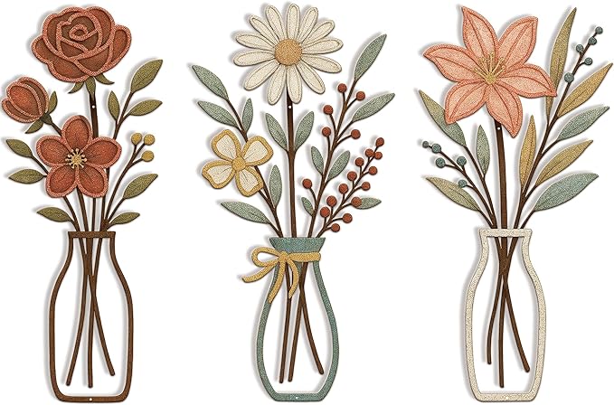 3 Piece Metal Flower Wall Art for Bedroom Living Room Rustic Farmhouse Floral Wall Decor for Bathroom Dining Room Boho Home Decorations Modern Minimalism Walls Hanging Sculptures