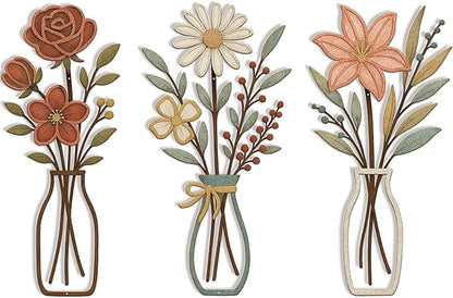 3 Piece Metal Flower Wall Art for Bedroom Living Room Rustic Farmhouse Floral Wall Decor for Bathroom Dining Room Boho Home Decorations Modern Minimalism Walls Hanging Sculptures