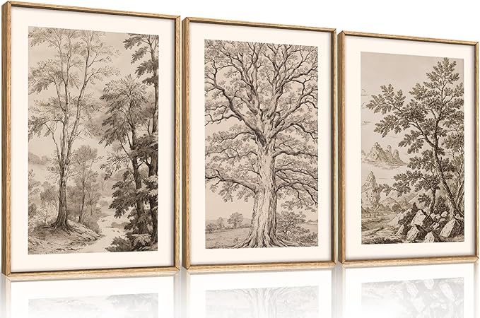 Aryroi Large Vintage Tree Sketch framed Canvas Wall Art,Brown and Beige Botanical Wall Decor,Natural Forest Artwork,Textured Landscape Art Print for Living Room,Bedroom,Office- 16"x24"x3