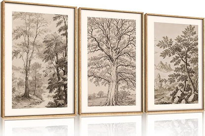 Aryroi Large Vintage Tree Sketch framed Canvas Wall Art,Brown and Beige Botanical Wall Decor,Natural Forest Artwork,Textured Landscape Art Print for Living Room,Bedroom,Office- 16"x24"x3