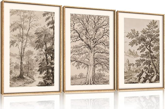 Aryroi Large Vintage Tree Sketch framed Canvas Wall Art,Brown and Beige Botanical Wall Decor,Natural Forest Artwork,Textured Landscape Art Print for Living Room,Bedroom,Office- 16"x24"x3
