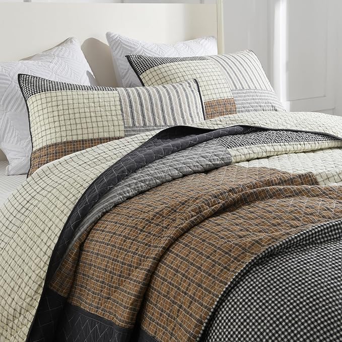 SahSahCasa 100% Cotton 120"x102" Oversized Bedspread Coverlet Quilt Set Queen Size, Queen Quilted Bedspread Extra Large Quilt, Patchwork XL Bed Spread Lightweight Comforter, Brown/Cream/Gray