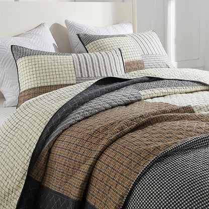 SahSahCasa 100% Cotton 120"x102" Oversized Bedspread Coverlet Quilt Set Queen Size, Queen Quilted Bedspread Extra Large Quilt, Patchwork XL Bed Spread Lightweight Comforter, Brown/Cream/Gray