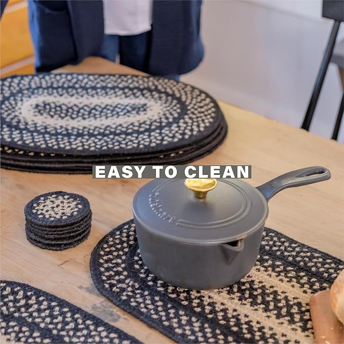 Homespice Manchester Oval Table Runner - 11"x36", Black & Tan - Handcrafted with Jute - Rich Colors, Easy to Clean, Durable and Protects Furniture