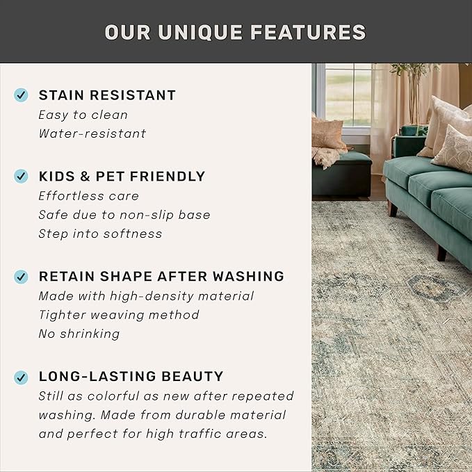 Tan and Moss Rugs for Dining Room - Neutral Abstract Faded Patterned Accent Rug 5x8 for Living Room, Home Office, Bedroom Foldable Soft Washable