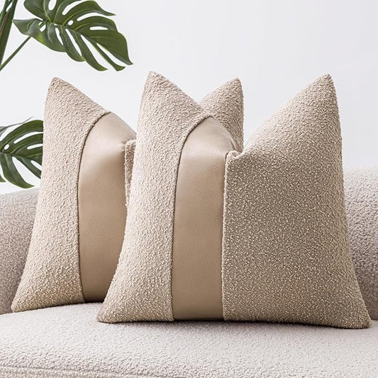 18"x18" Oatmeal Boucle Throw Pillow Covers with Faux Leather Accents Set of 2 Fluffy Textured Decorative Pillow Cases for Couch Bed Boho Farmhouse Square Cushion Covers for Nordic Home Décor
