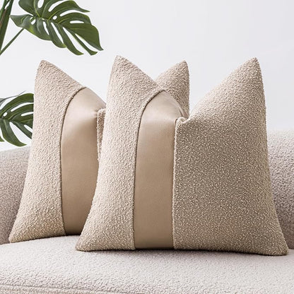 20"x20" Oatmeal Boucle Throw Pillow Covers with Faux Leather Accents Set of 2 Fluffy Textured Decorative Pillow Cases for Couch Bed Boho Farmhouse Square Cushion Covers for Nordic Home Décor