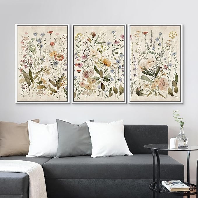 MUDECOR Framed Wall Art Print Set Blooming Wildflowers Illustrations Modern Art Decorative Colorful Chic for Living Room, Bedroom, Office - 24"x36"x3 White