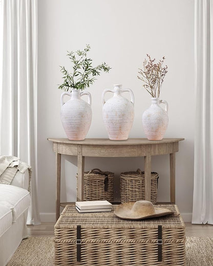 UPWOIGH Ceramic Flower Vase, 9.8 inch Tall Off-White Farmhouse Rustic Vase, Handcrafted Weathered Handle Pottery Vases, Large Flower Terracotta Vases for Home Decor, Living Room, Table, Shelf