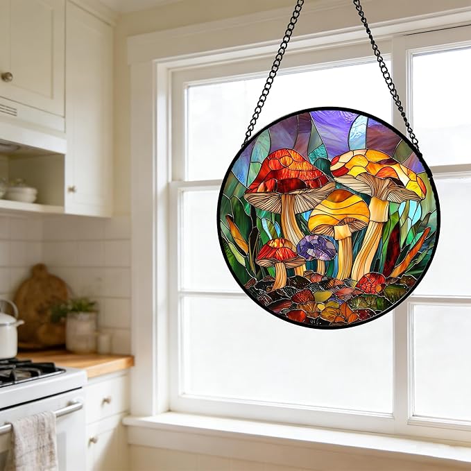 DASTOLL Stained Glass Window Hanging, Jungle Mushrooms Sun Catchers Diamond Glass Panel Hangings Plant Suncatcher Decor for Birthday for Women, Men, Wife, Aunt, and Mom 7.8 in