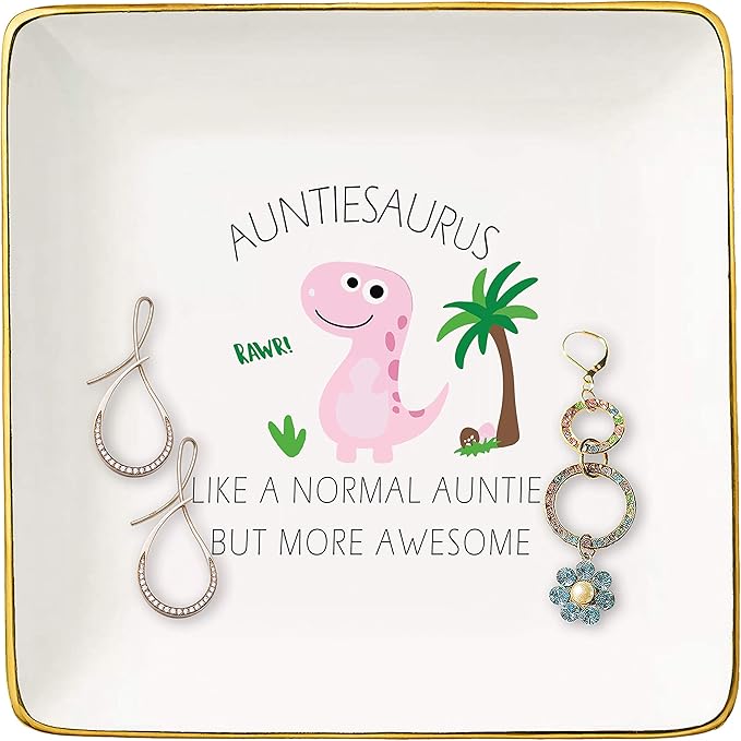 Mother's Day Gift for Aunt-Baby Announcement Gift-Baby Gift Shower-Christmas Gifts-Auntie Gift-Look Like A Normal Auntie,Funny Auntiesaurus Gift-Ceramic Jewelry Holder Box Ring Dish Trinket Tray