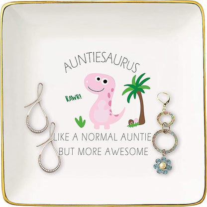 Mother's Day Gift for Aunt-Baby Announcement Gift-Baby Gift Shower-Christmas Gifts-Auntie Gift-Look Like A Normal Auntie,Funny Auntiesaurus Gift-Ceramic Jewelry Holder Box Ring Dish Trinket Tray