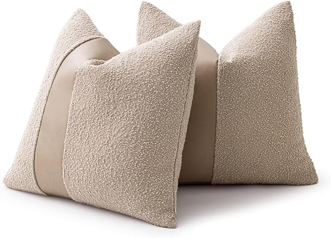 18"x18" Oatmeal Boucle Throw Pillow Covers with Faux Leather Accents Set of 2 Fluffy Textured Decorative Pillow Cases for Couch Bed Boho Farmhouse Square Cushion Covers for Nordic Home Décor