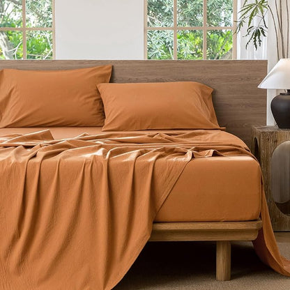 MooMee Bedding Sheet Set 100% Washed Cotton Linen Like Textured Breathable Durable Soft Comfy (Solid Burnt Orange, Twin)