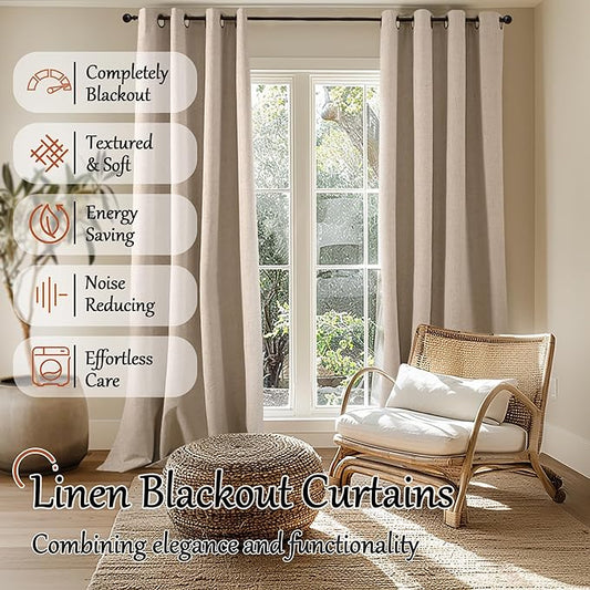 60 Inch Wide Linen Blackout Curtains for Living Room/Bedroom 84 Inch Length 2 Panels, Total Black Out Thermal Insulated Soundproof Grommet Boho Window Drapes White Liner for Modern Farmhouse, Beige