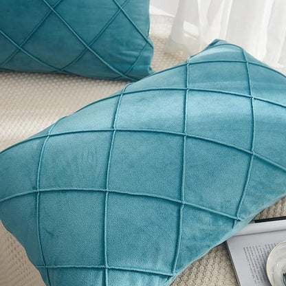 JAUXIO Diamond Pinch Pleated Crystal Velvet Pillowcases 2 Pack Solid Pintuck Throw Cushion Cover for Home Decor Hidden Zipper Closure (Teal Blue, King)
