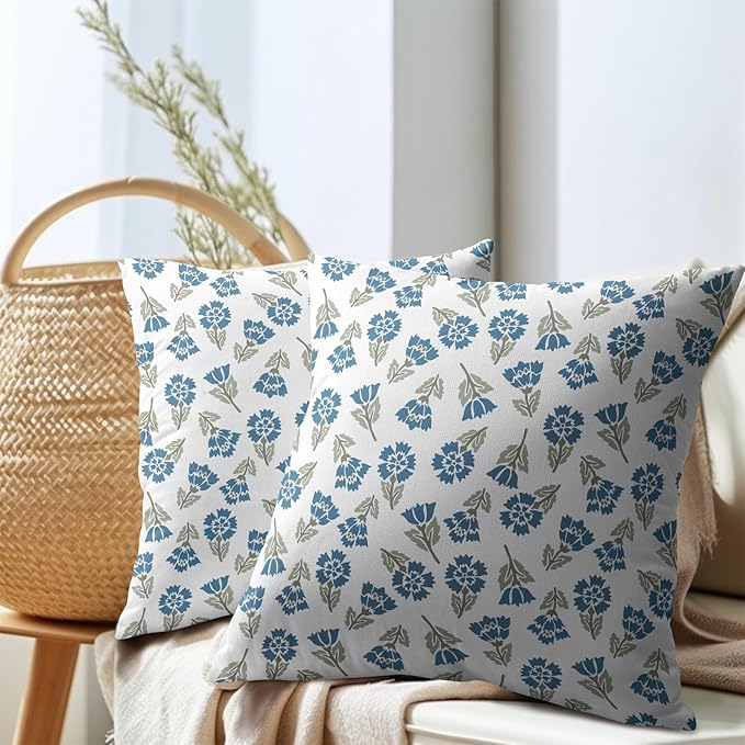Blue Green Block Print Pillow Covers 20x20 Set of 2 Floral Spring Summer Flower Pattern Decorative Neutral Outdoor Throw Pillowcases Boho Cushion Cover Rustic Decoration Farmhouse Sofa Couch Bed Decor
