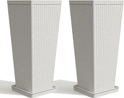 Square Tall Planters for Outdoor Plants Set of 2-23.6" Heavy-Duty Classic Tapered Indoor Flower Pots with Drainage Holes/Partition/Tray, Large Outdoor Planters for Porch Patio Garden, White