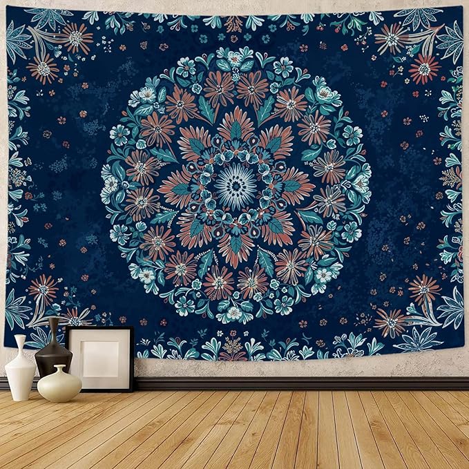 Fowocu Boho Floral Mandala Tapestry Wall Hanging Blue Bohemian Flower Medallion Tapestry Aesthetic Vintage Navy Hippie Indian Small Tapestries for Bedroom Living Room Dorm Decor 40 x 30 Inch
