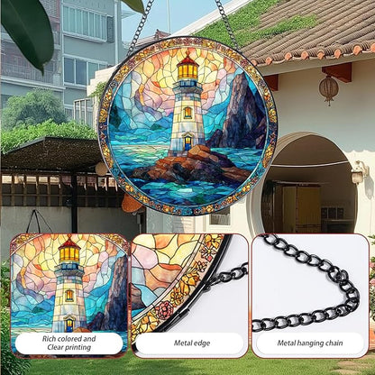 Rngmsi Stained Glass Window Hanging, 7.8″ Pauyadu Lighthouse Sun Catchers with Hook Indoor Window Decor, Decorative Suncatchers Hanging Ornaments Home Garden Art Gift for Housewarming