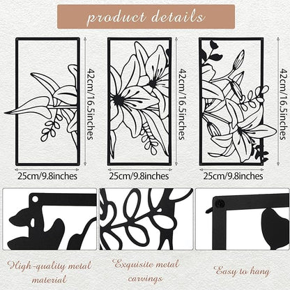 Therwen 3 Pcs Black Metal Wall Art Minimalist Wall Decor for Bedroom Flowers Decor Hanging Flower Bathroom Art Flower Line Sculpture Kitchen Decoration 16.5 x 9.8 Inch(Classic Style)