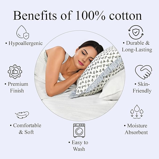 Ridhi Baby Blossams Modern Farmhouse Pillow 24x24 Block Print Cotton Throw Pillow Covers Set of 2 Cushion Covers with Ruffle Couch Sofa Bed Living Room Home Decor Christmas, Thanksgiving
