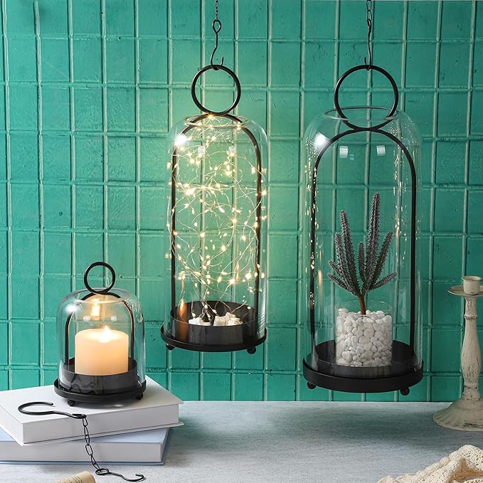 5"x7.5" Versatile Modern Metal Hurricane Lantern with Handmade Sturdy Glass Dome in Black for 3" Pillar Candle & Plants, Industrial, Farmhouse