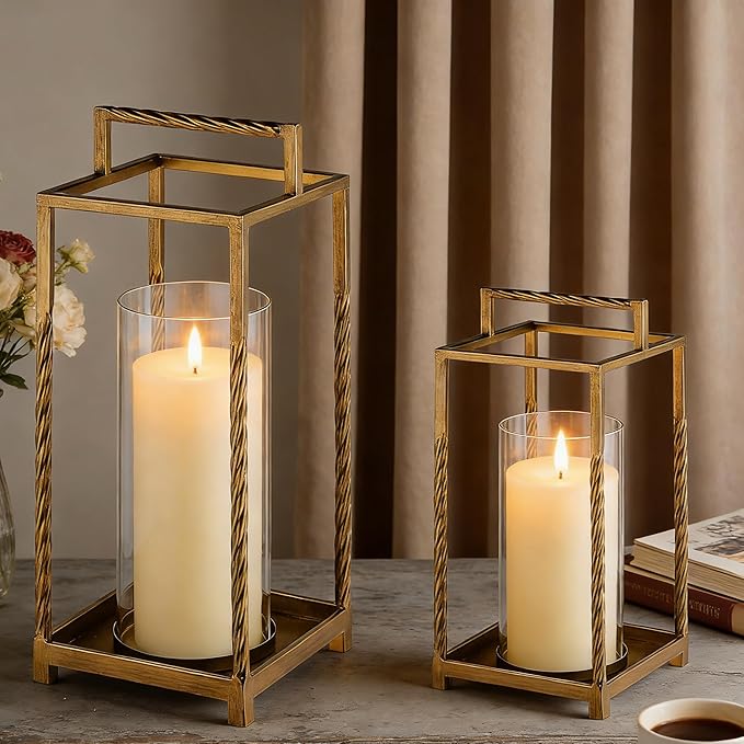 Set 2 Modern Metal Lantern with Twisted Rope-style Frame In Antique Brass with Glass Hurricane For Pillar, String Light. Centerpiece, Mantel, Ambient Lighting, Farmhouse, Transitional, Patio, Entryway