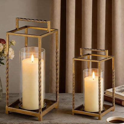 Set 2 Modern Metal Lantern with Twisted Rope-style Frame In Antique Brass with Glass Hurricane For Pillar, String Light. Centerpiece, Mantel, Ambient Lighting, Farmhouse, Transitional, Patio, Entryway