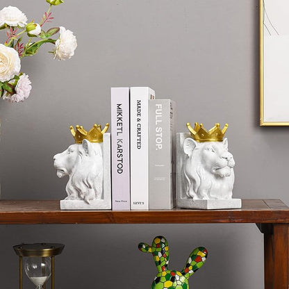 Decorative Lion Bookends - Modern Animal Book Stoppers for Heavy Books - White Lion Figurines