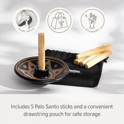 Luna Sundara Authentic Peru Pottery Palo Santo Stick Holder and Incense Holder with 5 Palo Santo Sticks Handmade Ceramic Smudge Bowl Sage Holder Apricot Gift Set
