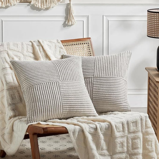 Fancy Homi 2 Packs Neutral Grey Samll Decorative Throw Pillow Covers 14x14 Inch with for Couch Bed Sofa, Rustic Farmhouse Boho Home Decor, Soft Corss Patchwork Corduroy Square Cushion Case 35x35 cm