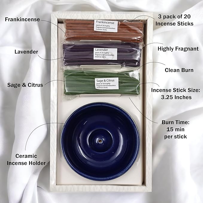 Hosley Incense Sticks Gift Set with 60 Incense Sticks and Ceramic Incense Holder - Ideal Incense Burner Holder for Home, Meditation, Spa, and Aromatherapy - Premium Incent Holder