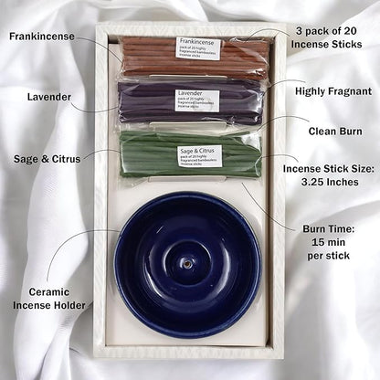 Hosley Incense Sticks Gift Set with 60 Incense Sticks and Ceramic Incense Holder - Ideal Incense Burner Holder for Home, Meditation, Spa, and Aromatherapy - Premium Incent Holder